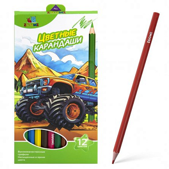 Карандаши цветные ZOOMI 12 цв., "Машина", пластиковые, шестигранные, ZM521